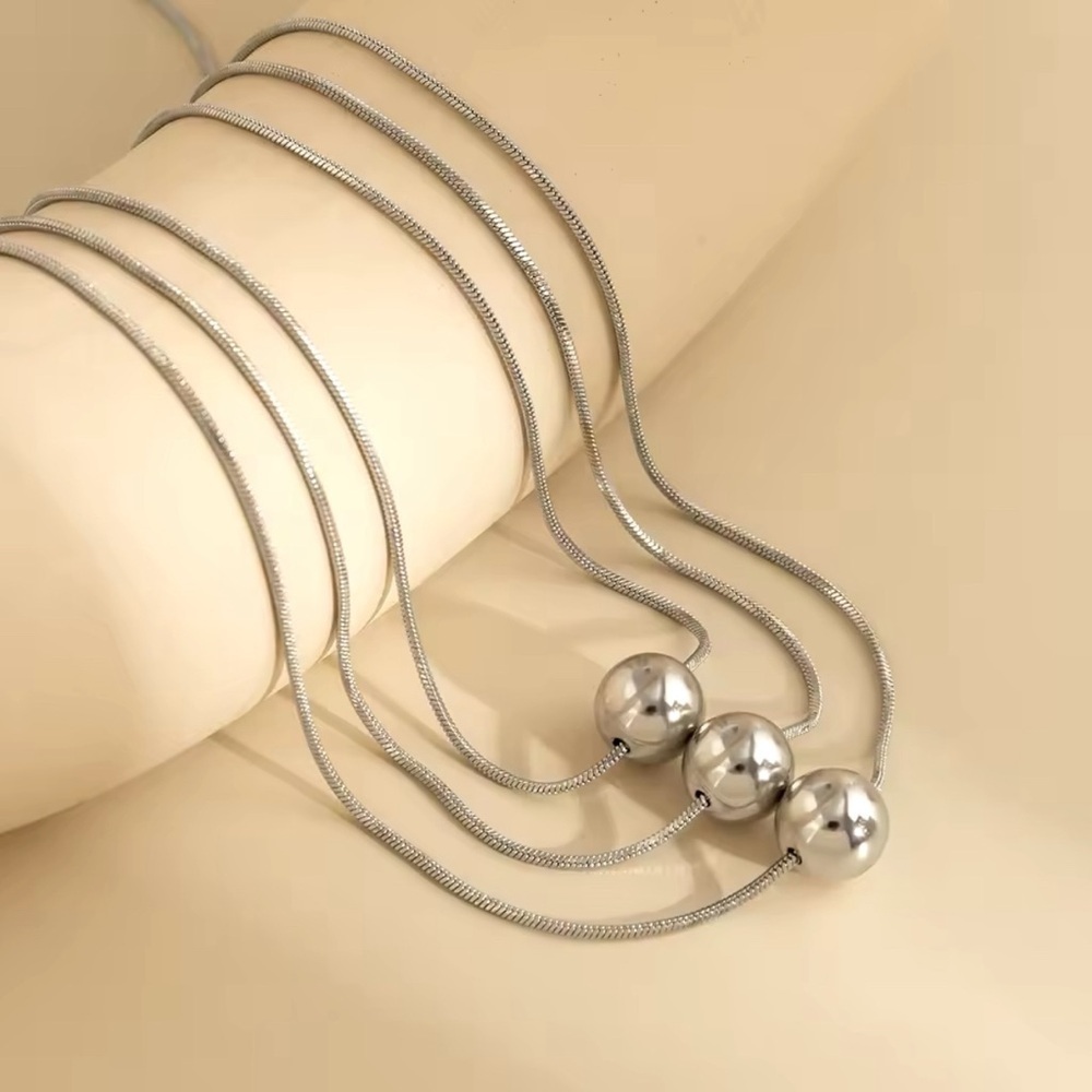 18K White Gold Plated Multiple Layered Chain With Beads Necklaces (2 Pcs) - Picture 4 of 6